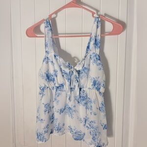 Sugarkiss White Camisole with Blue Floral Print and Tie Front